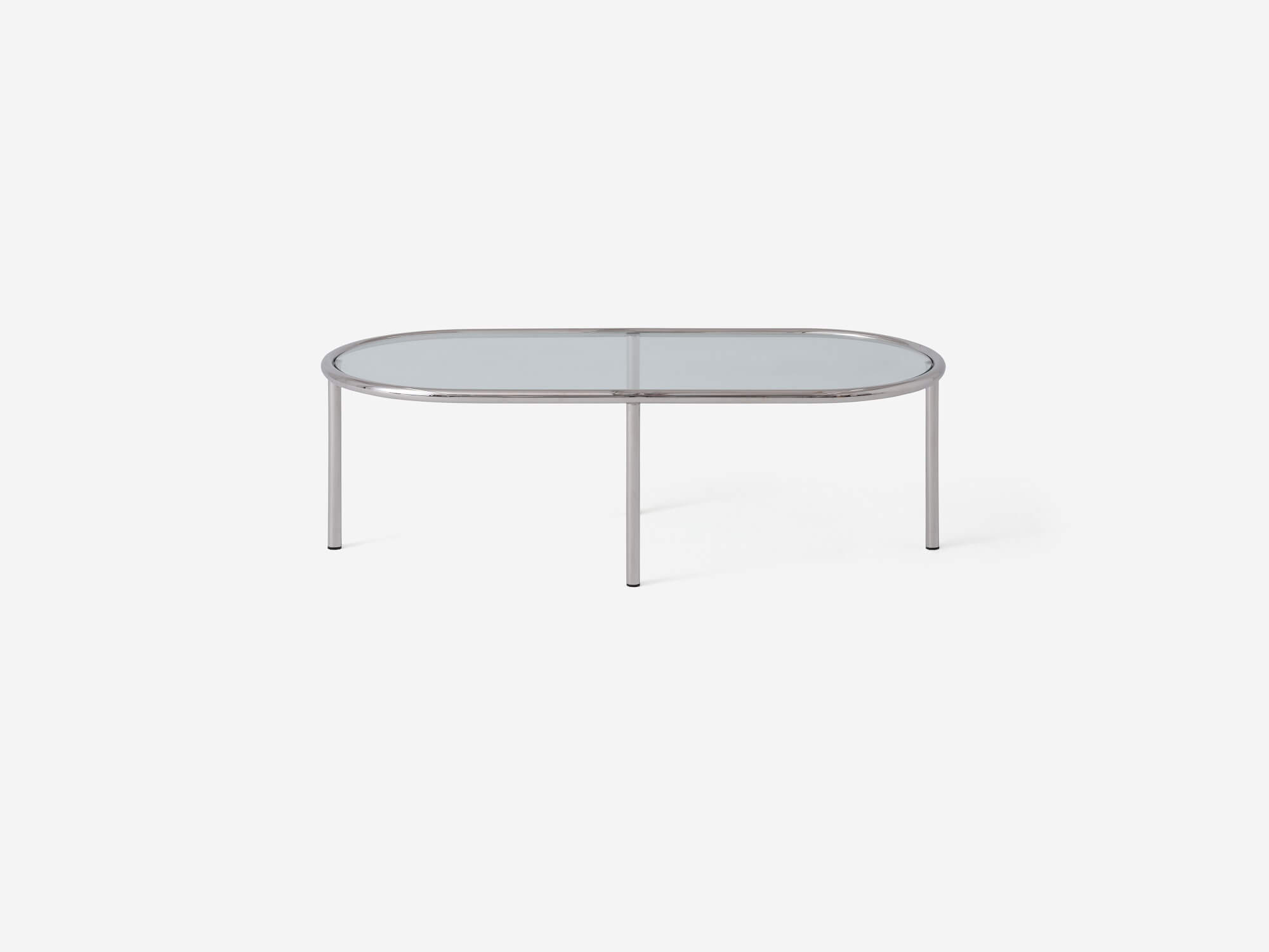 Front view of silver metal and glass oval coffee table